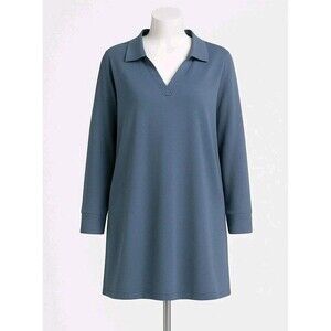 Long Sleeve Lapel Collared V Neck Sweatshirt Midi Dress Women XL Blue Loose Fit